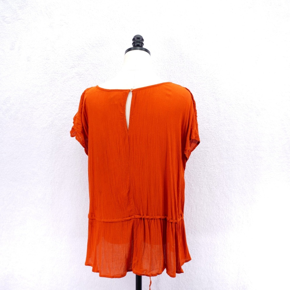 Ava Viv -1X- Orange Open Knit Floral Embroidered Blouse Round Neck Ribbed Rayon - Picture 3 of 7